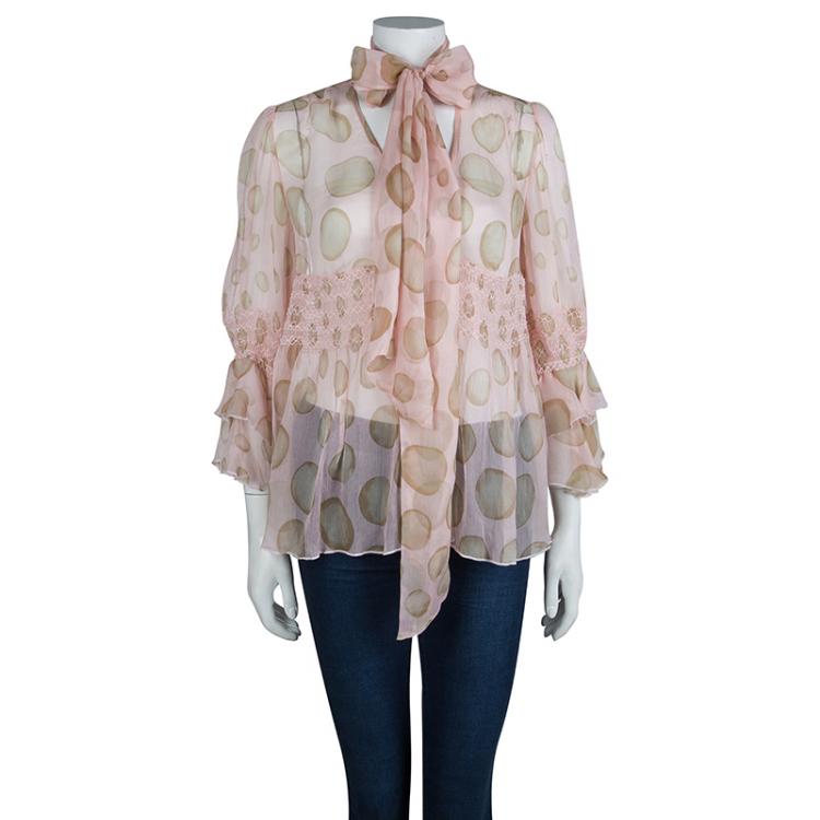 Pre Owned Red Valentino Blush Pink Polka Dot Print Crinkled Chiffon Smocking Detail Sheer Blouse M