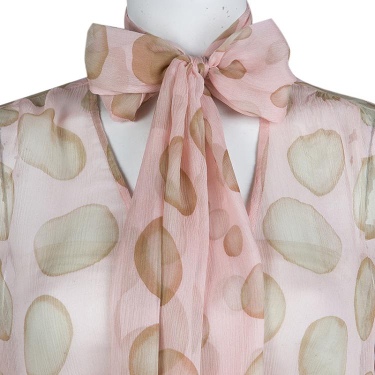 Pre Owned Red Valentino Blush Pink Polka Dot Print Crinkled Chiffon Smocking Detail Sheer Blouse M