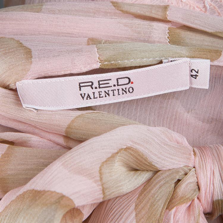Pre Owned Red Valentino Blush Pink Polka Dot Print Crinkled Chiffon Smocking Detail Sheer Blouse M