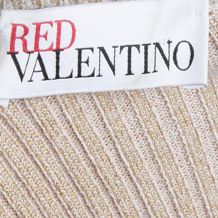 Pre Owned RED Valentino Beige Lurex Rib Knit Bow Detail Fitted Sweater M