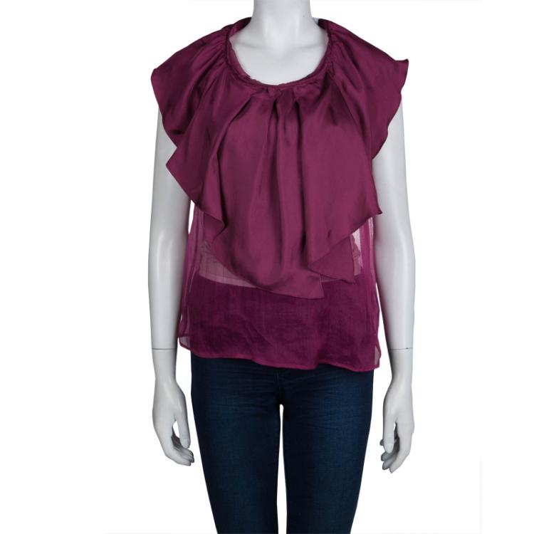 Pre Owned Red Valentino Burgundy Ruffle Overlay Sheer Top M