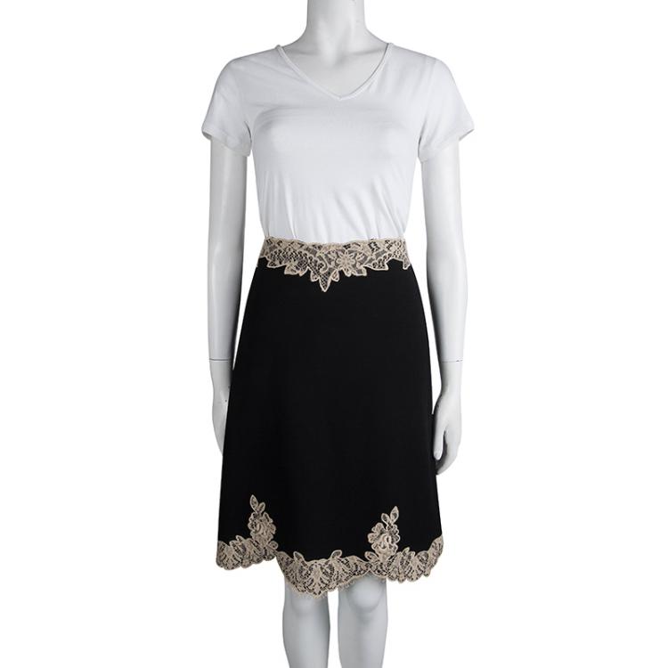 Pre Owned RED Valentino Black Wool Scallop Lace Detail Skirt S
