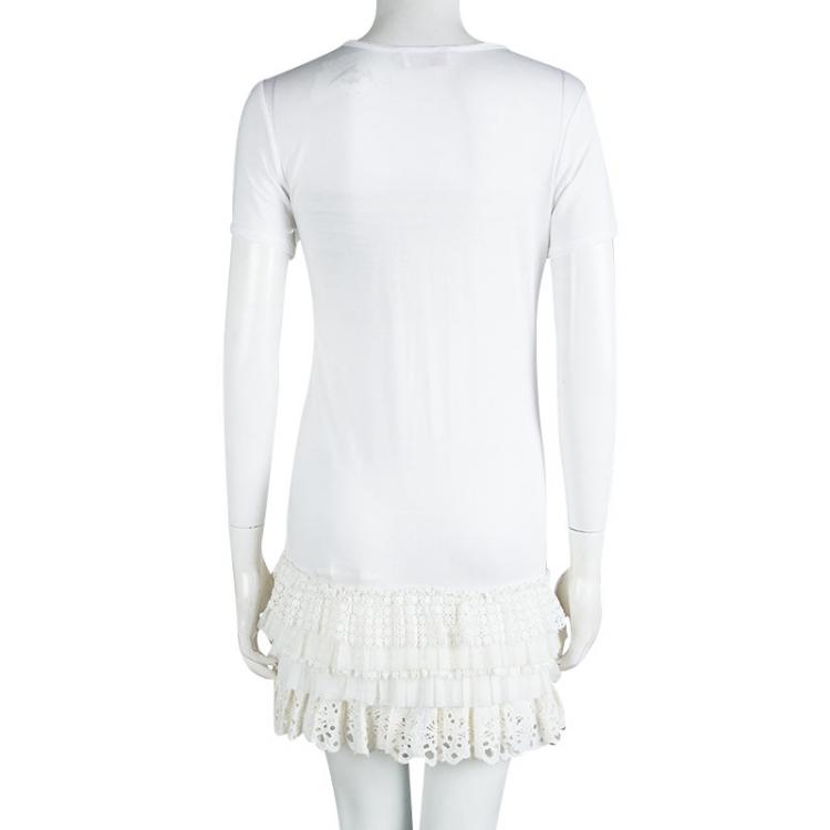 Pre Owned Red Valentino White Lace Frill Detail Short Sleeve Dress M