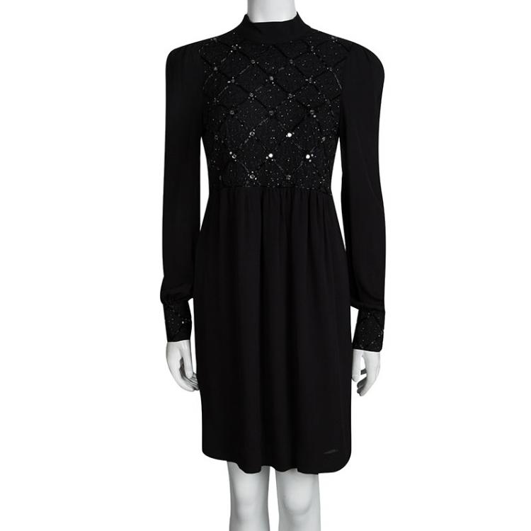 Pre Owned Red Valentino Black Embellished Mandarin Collar Long Sleeve Dress M