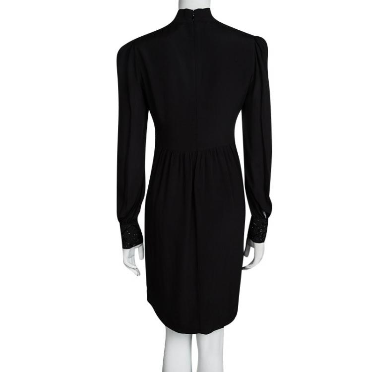 Pre Owned Red Valentino Black Embellished Mandarin Collar Long Sleeve Dress M