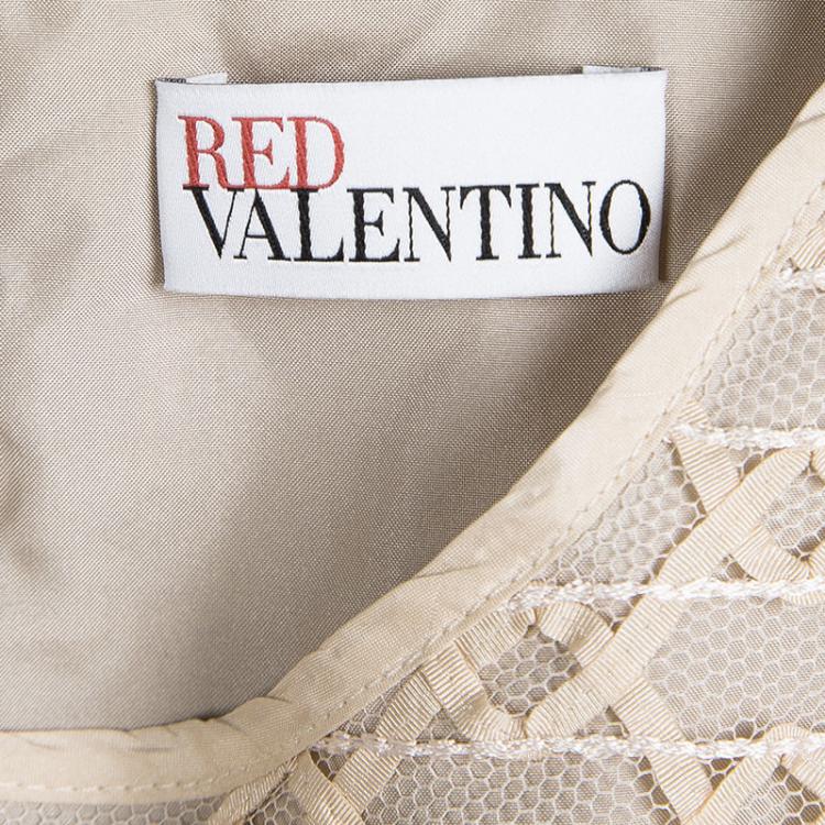Pre Owned Red Valentino Beige Ribbon Mesh Overlay Gathered Sleeveless Dress M