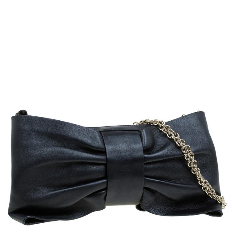 Pre Owned Red Valentino Black Leather Bow Chain Clutch