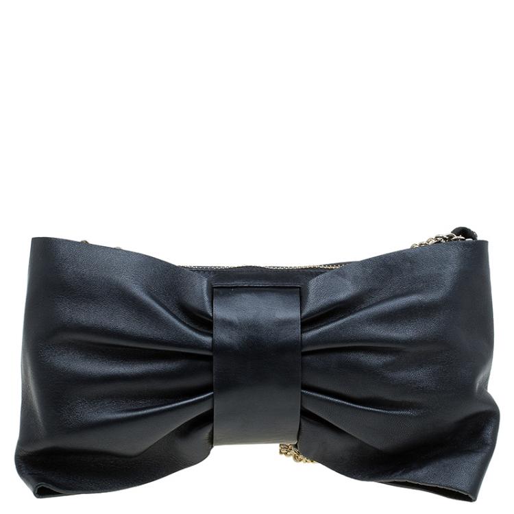Pre Owned Red Valentino Black Leather Bow Chain Clutch