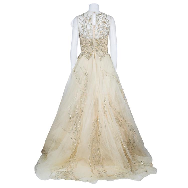 Pre Owned Reem Acra Beige Tulle Embellished Gown M