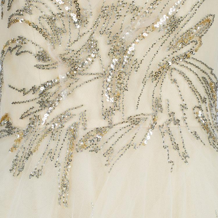 Pre Owned Reem Acra Beige Tulle Embellished Gown M