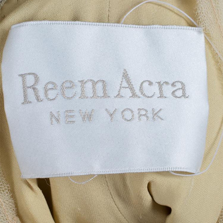 Pre Owned Reem Acra Beige Tulle Embellished Gown M