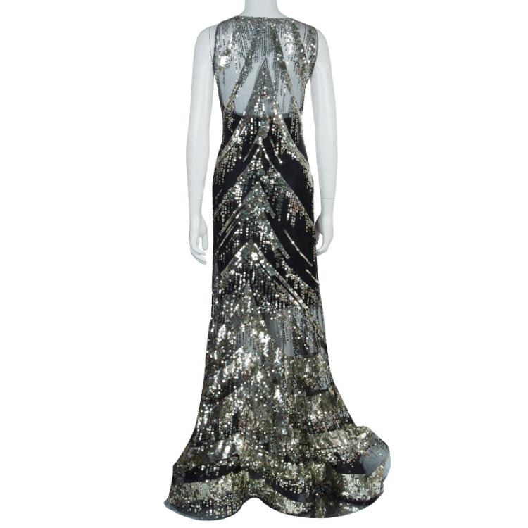 Pre Owned Reem Acra Black Sequin Embellished Gown 