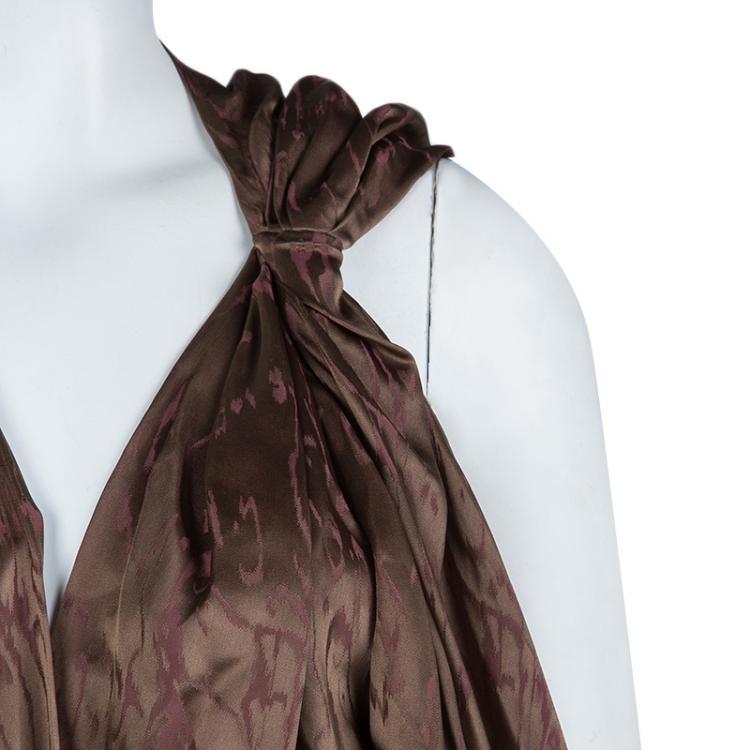 Pre Owned Reem Acra Brown Printed Silk Draped Sleeveless Dress M