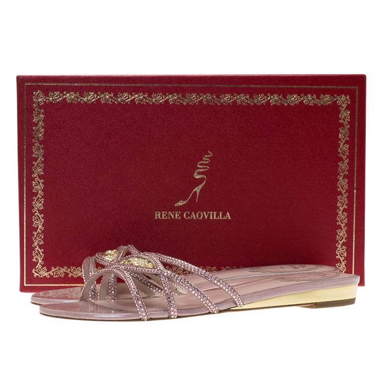 Pre Owned René Caovilla Pink Satin Embellished Flat Slides Size 38.5