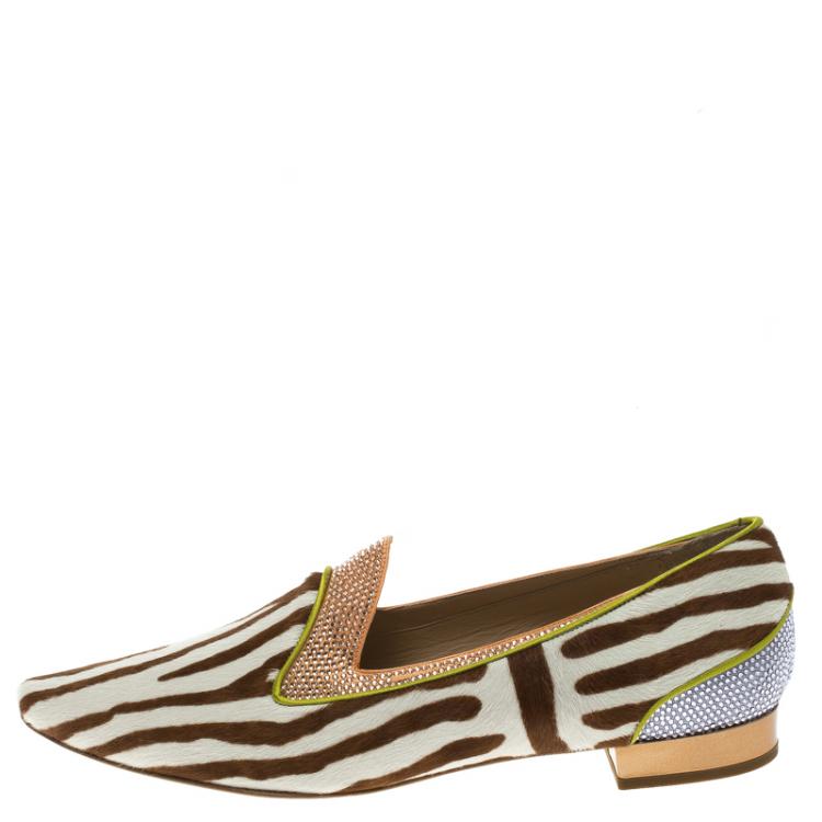 مملوكة مسبقًا René Caovilla Zebra Printed Pony Hair Crystal Embellished Smoking Slippers Size 40