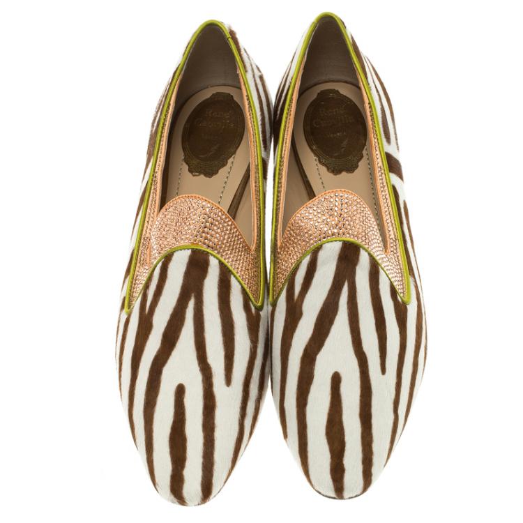 مملوكة مسبقًا René Caovilla Zebra Printed Pony Hair Crystal Embellished Smoking Slippers Size 40