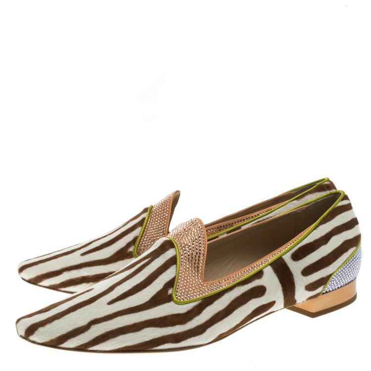 مملوكة مسبقًا René Caovilla Zebra Printed Pony Hair Crystal Embellished Smoking Slippers Size 40