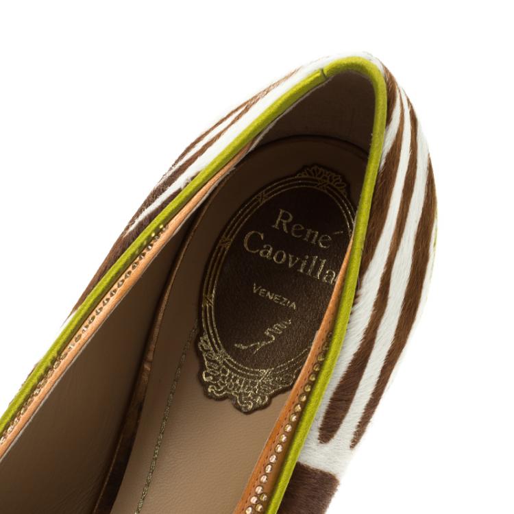 مملوكة مسبقًا René Caovilla Zebra Printed Pony Hair Crystal Embellished Smoking Slippers Size 40