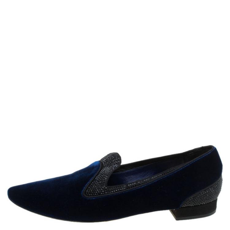 Pre Owned René Caovilla Blue Crystallized Velvet Smoking Slippers Size 37