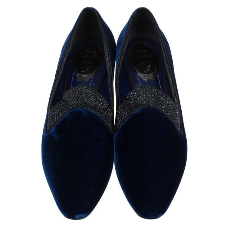 Pre Owned René Caovilla Blue Crystallized Velvet Smoking Slippers Size 37
