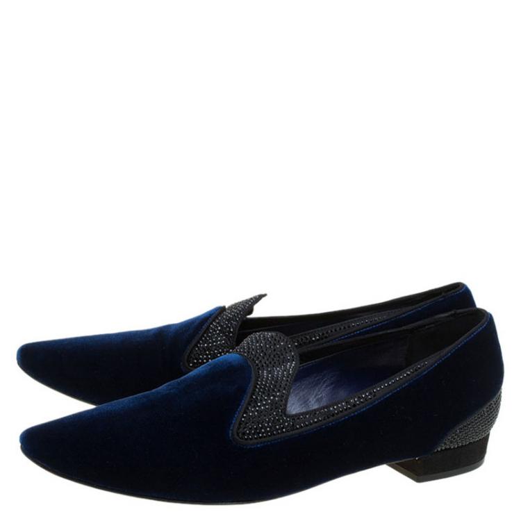 Pre Owned René Caovilla Blue Crystallized Velvet Smoking Slippers Size 37