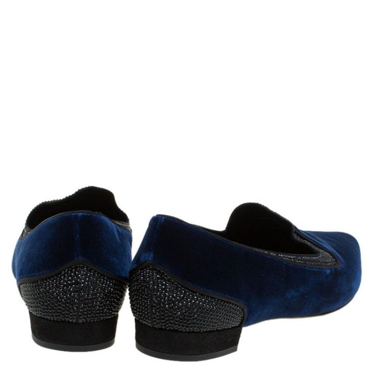 Pre Owned René Caovilla Blue Crystallized Velvet Smoking Slippers Size 37