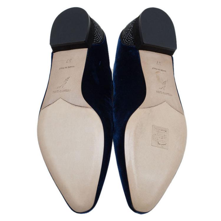 Pre Owned René Caovilla Blue Crystallized Velvet Smoking Slippers Size 37