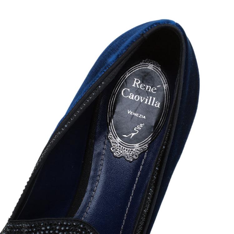 Pre Owned René Caovilla Blue Crystallized Velvet Smoking Slippers Size 37
