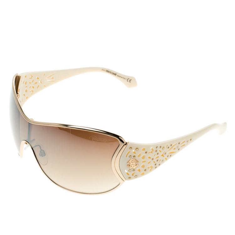 Pre Owned Roberto Cavalli Brown Gold/Cream 803S Alcyone Shield Sunglasses
