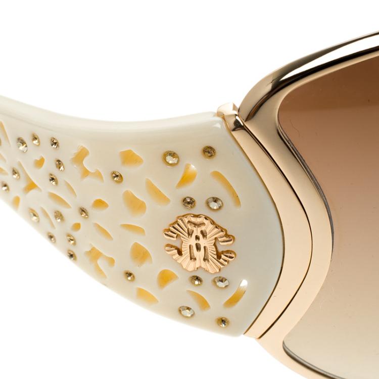 Pre Owned Roberto Cavalli Brown Gold/Cream 803S Alcyone Shield Sunglasses
