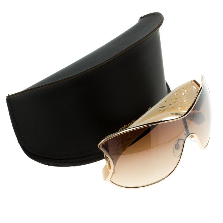 Pre Owned Roberto Cavalli Brown Gold/Cream 803S Alcyone Shield Sunglasses