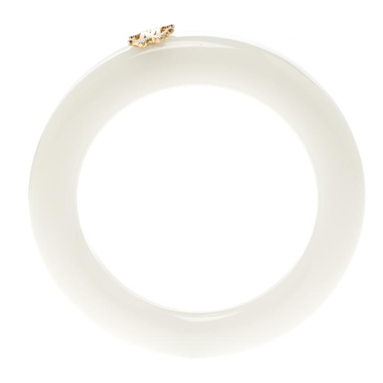 Pre Owned Roberto Cavalli Gold Tone Logo White Resin Wide Bangle
