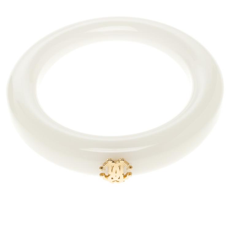 Pre Owned Roberto Cavalli Gold Tone Logo White Resin Wide Bangle