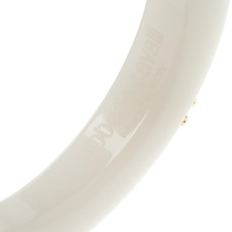 Pre Owned Roberto Cavalli Gold Tone Logo White Resin Wide Bangle