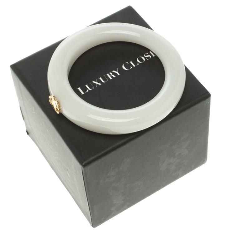 Pre Owned Roberto Cavalli Gold Tone Logo White Resin Wide Bangle
