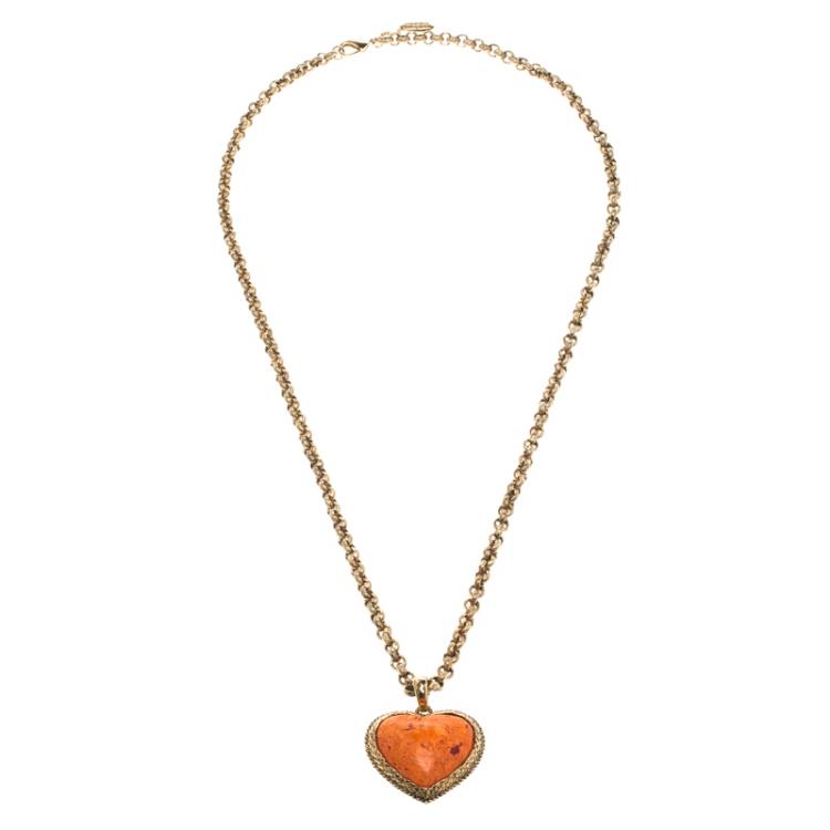 Pre Owned Roberto Cavalli Orange Heart Pendant Gold Tone Long Necklace