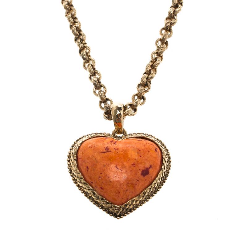 Pre Owned Roberto Cavalli Orange Heart Pendant Gold Tone Long Necklace