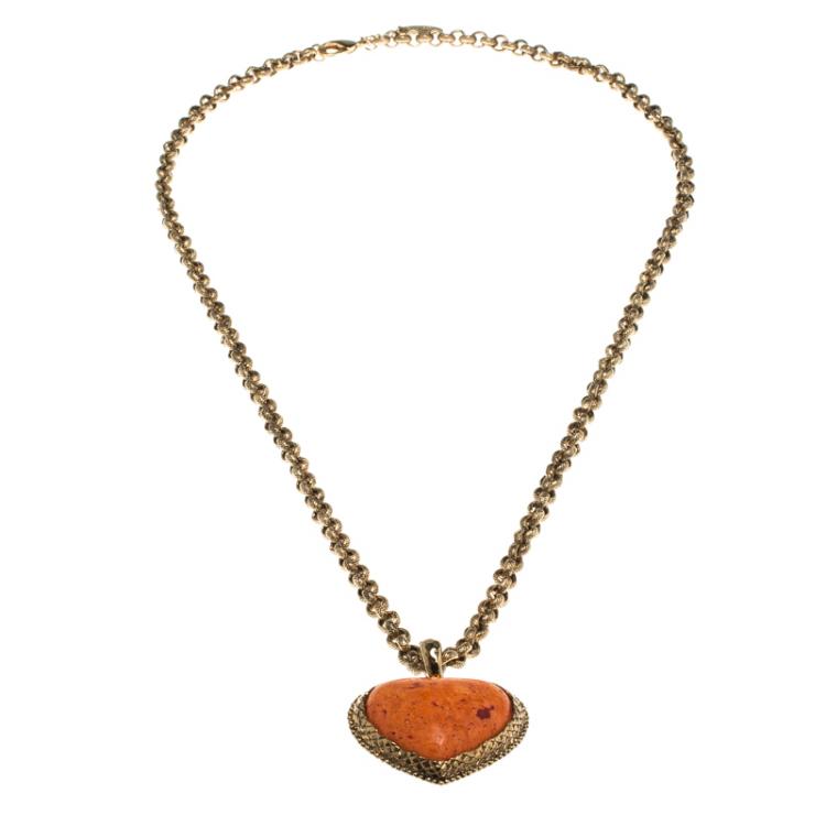 Pre Owned Roberto Cavalli Orange Heart Pendant Gold Tone Long Necklace