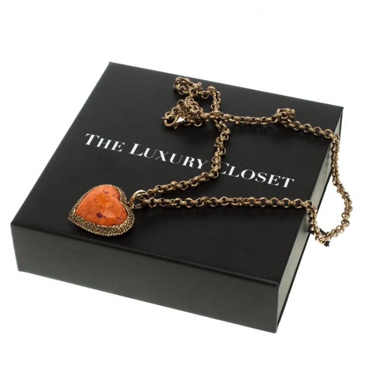 Pre Owned Roberto Cavalli Orange Heart Pendant Gold Tone Long Necklace