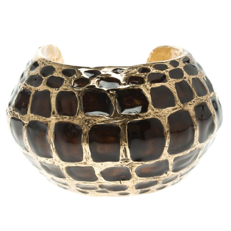 Pre Owned Roberto Cavalli Brown Enamel Gold Tone Open Cuff Bracelet 17cm