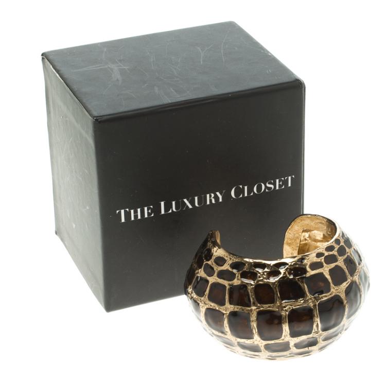 Pre Owned Roberto Cavalli Brown Enamel Gold Tone Open Cuff Bracelet 17cm