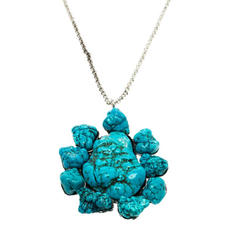 Pre Owned Roberto Cavalli Turquoise Color Stone Pendant Necklace