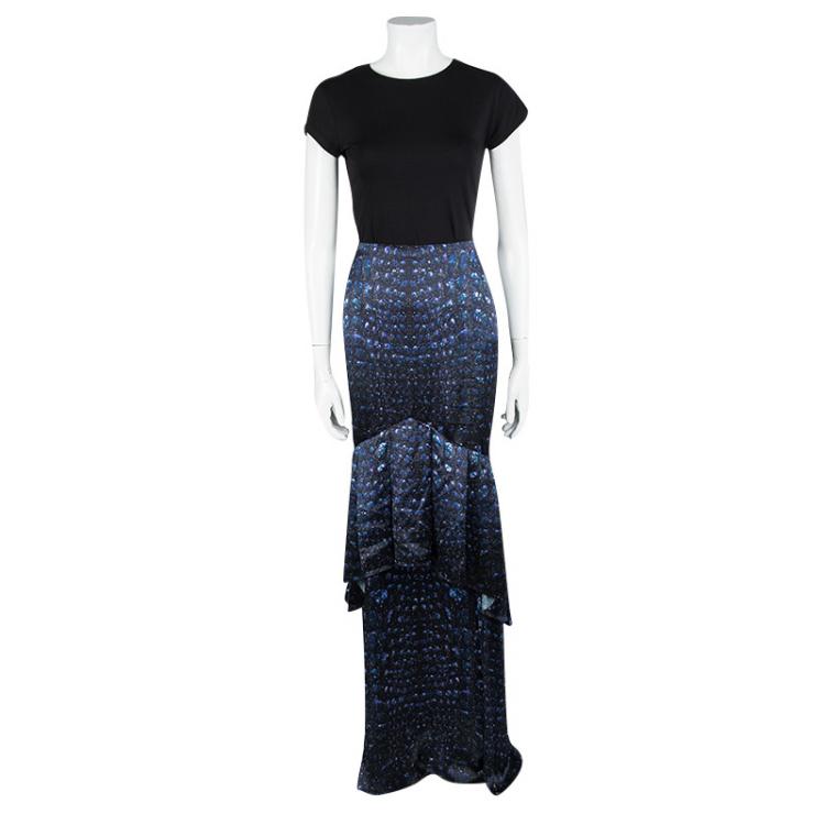Pre Owned Roberto Cavalli Multicolor Printed Silk Satin Ruffle Detail Maxi Skirt M