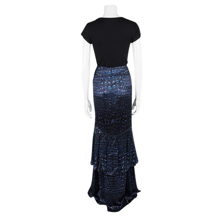 Pre Owned Roberto Cavalli Multicolor Printed Silk Satin Ruffle Detail Maxi Skirt M