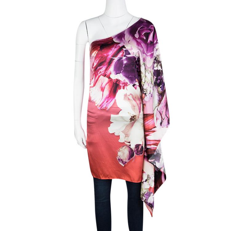 Pre Owned Roberto Cavalli Floral Printed Silk Asymmetric One Shoulder Top S