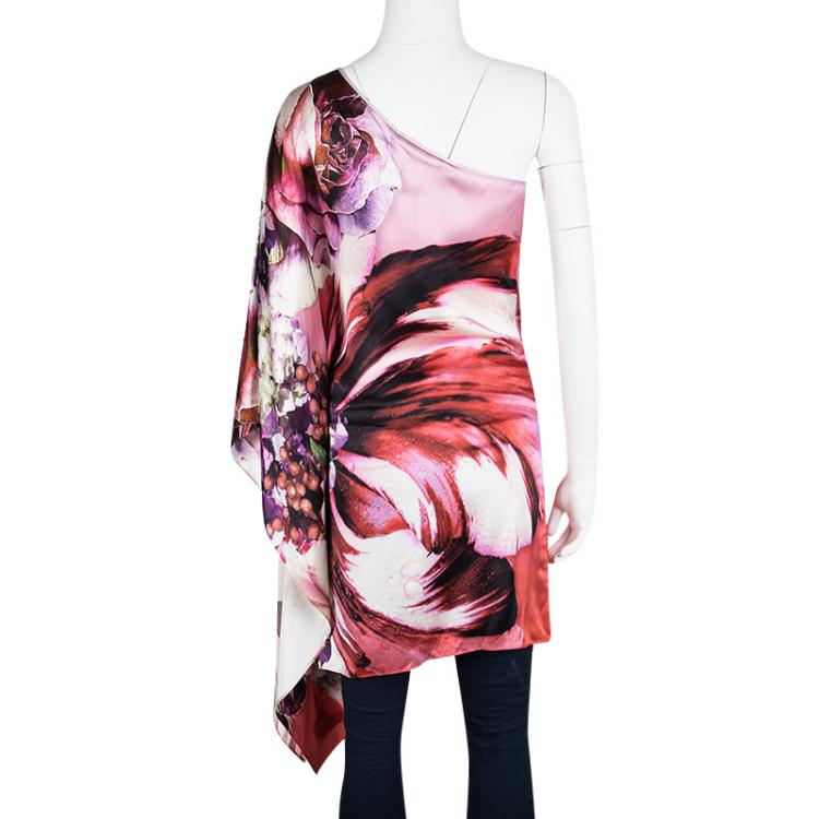 Pre Owned Roberto Cavalli Floral Printed Silk Asymmetric One Shoulder Top S