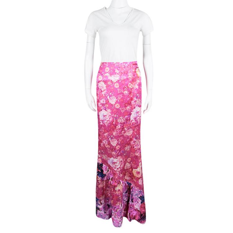 Pre Owned Roberto Cavalli Pink Satin Floral Print Ruffled Bottom Maxi Skirt L