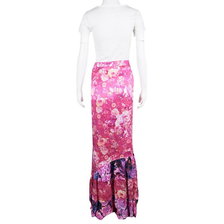 Pre Owned Roberto Cavalli Pink Satin Floral Print Ruffled Bottom Maxi Skirt L