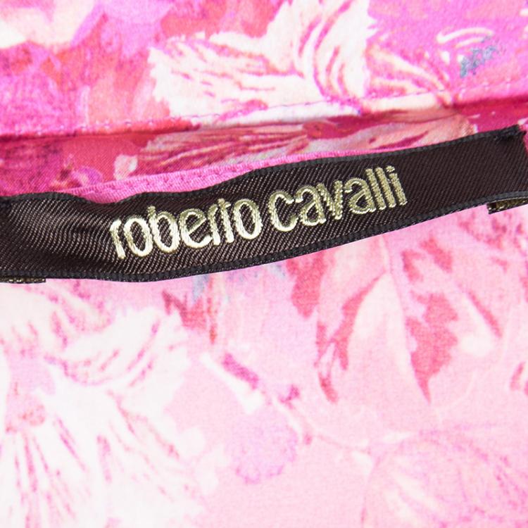 Pre Owned Roberto Cavalli Pink Satin Floral Print Ruffled Bottom Maxi Skirt L