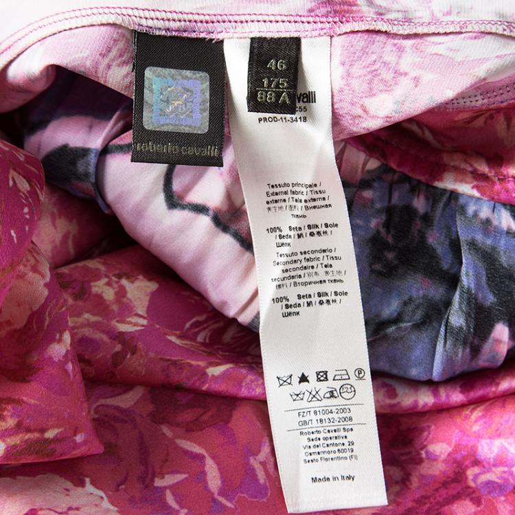 Pre Owned Roberto Cavalli Pink Satin Floral Print Ruffled Bottom Maxi Skirt L